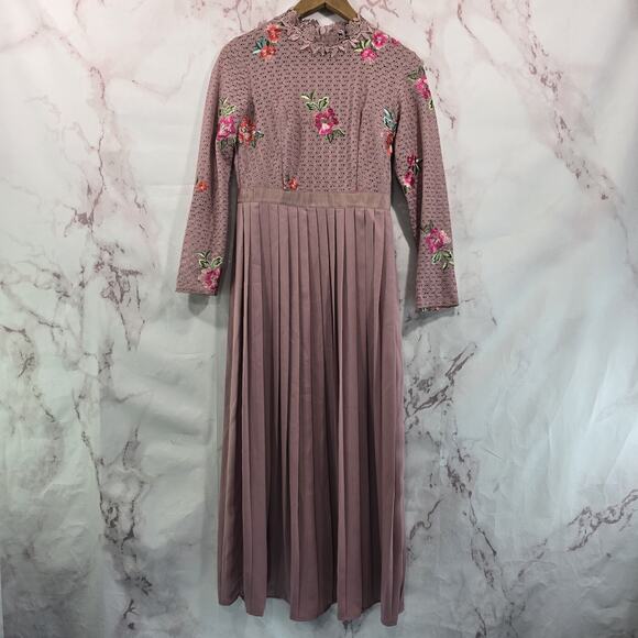 Little Mistress Dress Womens 4 Petite Pink Floral Maxi Midi Lace High Neck Pleat - Picture 1 of 14